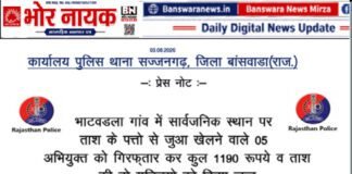 बांसवाड़ा: सार्वजनिक स्थान पर ताश से जुआ खेलते 5 आरोपी गिरफ्तार, ₹1190 नकद और ताश की दो गड्डियां जब्त बांसवाड़ा सार्वजनिक स्थान पर ताश से जुआ खेलते 5 आरोपी गिरफ्तार